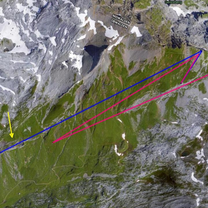 GPS-Daten von Sonntag - blau Fortunat, rot Luzerna: Luzerna war auch Abends noch ausserhalb des Nischen-Bereiches (gelber Pfeil). Fortunat schon in der Nähe. 