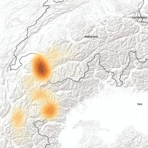 Karte der GPS Punkte von 2018 und 2019 – je dunkler die Farbe desto öfters war Trudi in der Region unterwegs (c) Pro Bartgeier