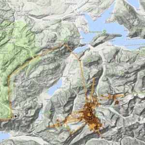 Karte mit den bisherigen GPS-Positionen von Finja (weisses Viereck: letzte Ortung)