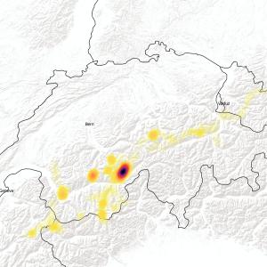 Karte der GPS Daten von Luzerna - je dunkler der Ort, desdo häufiger war Luzerna in der Region