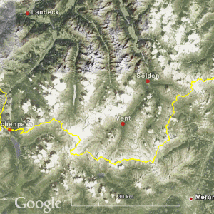 Hier in den Ötztaler Alpen streift Samuel umher. Westlich angrenzend (ausserhalb der Karte)  ist das Ofenpassgebiet. 