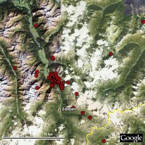 Ortungen von Samuel: hier, in den Ötztaler Alpen, Österreich flog er Dezember 2007 bis März 2008.