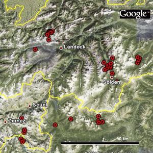 Die roten Punkte nördlich von Landeck, Österreich zeigen, wo Samuel im April unterwegs war. 