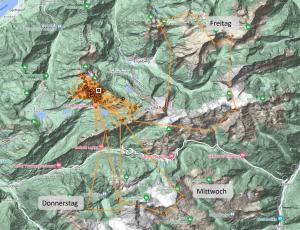 GPS-Daten von Obwaldera der letzten 30 Tagen mit den drei Ausflügen der letzten drei Tage. Das Quadrat ist die Auswilderungs-Nische